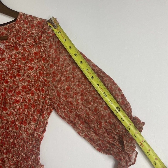 Vivienne Midow Dress Size 8‎ 100% Silk Red Orange Floral Ruffle Elastic Waist - Picture 4 of 8